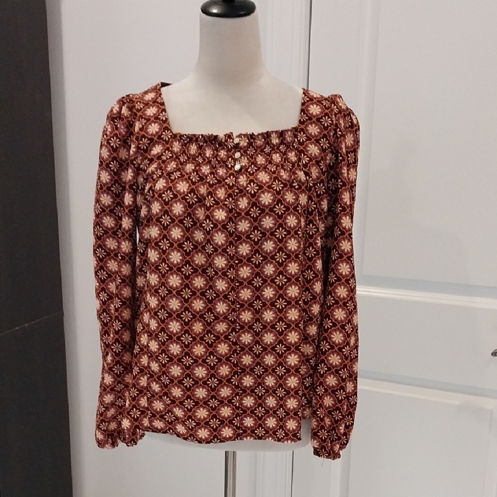Draper James Brown Floral Square Neck Long Sleeve Blouse